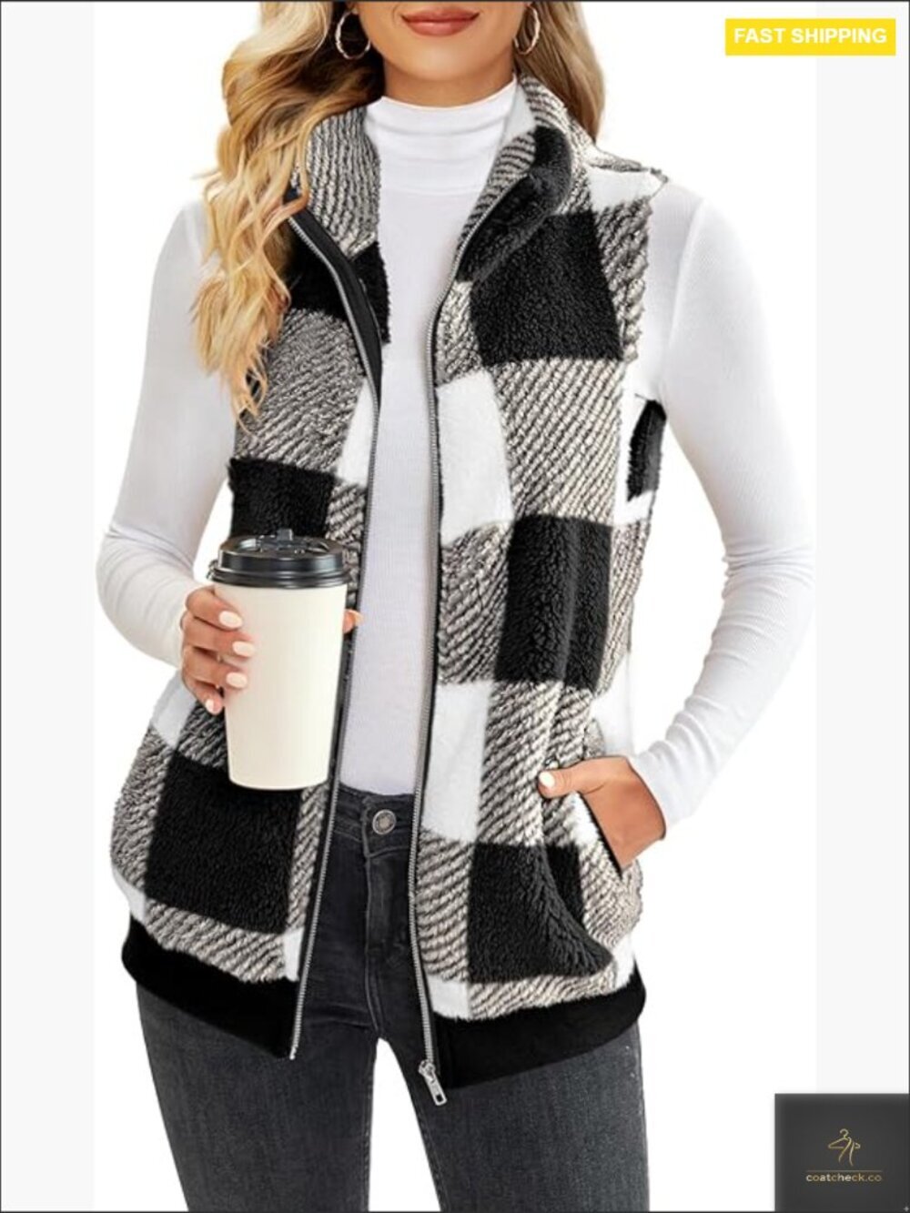 Sherpa Fleece Vest Plaid Pattern Zip Up Sleeveless Cozy Winter Outerwear